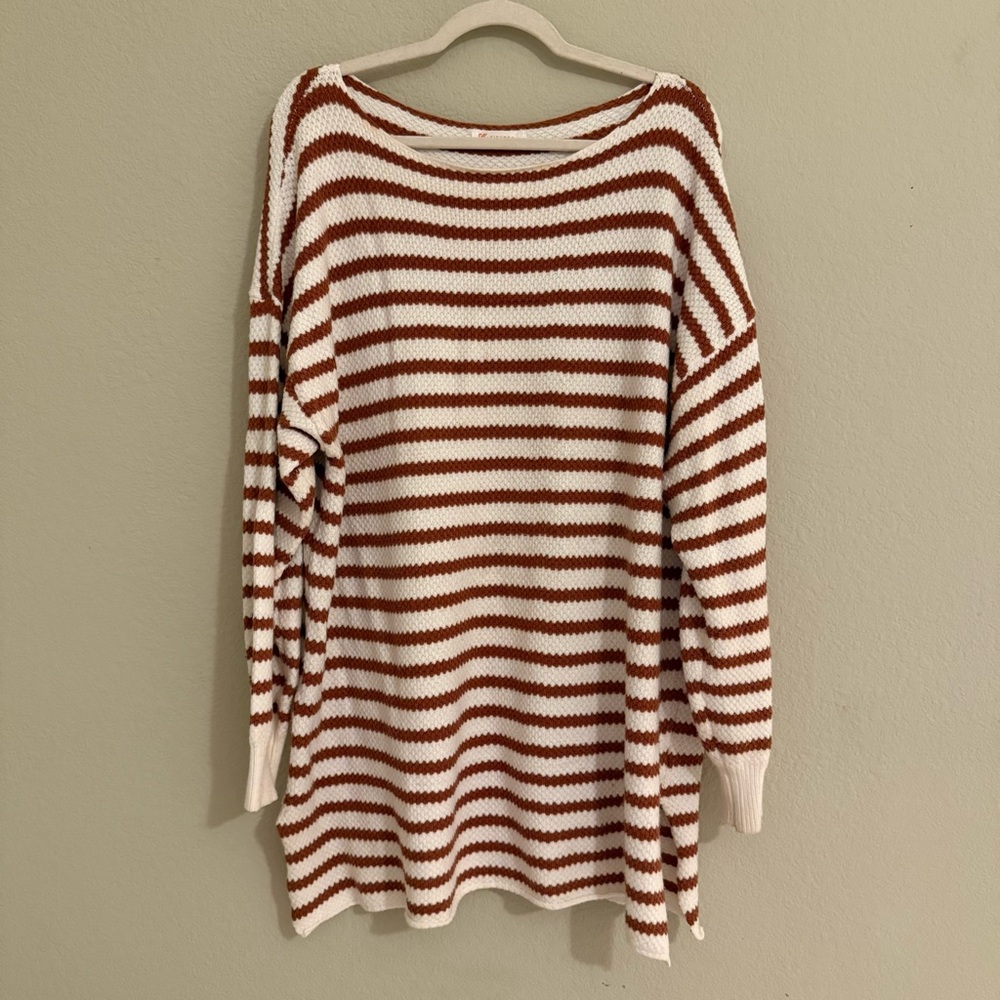 Kirundo Oversized Knit Crewneck Sweater Striped Brown & White Side Slit Women XL